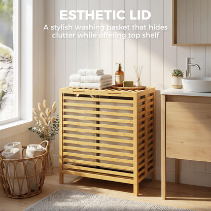 HOMCOM Bamboo Laundry Basket with Lid, 2 Baskets, Foldable, 64L, Natural and Cream White