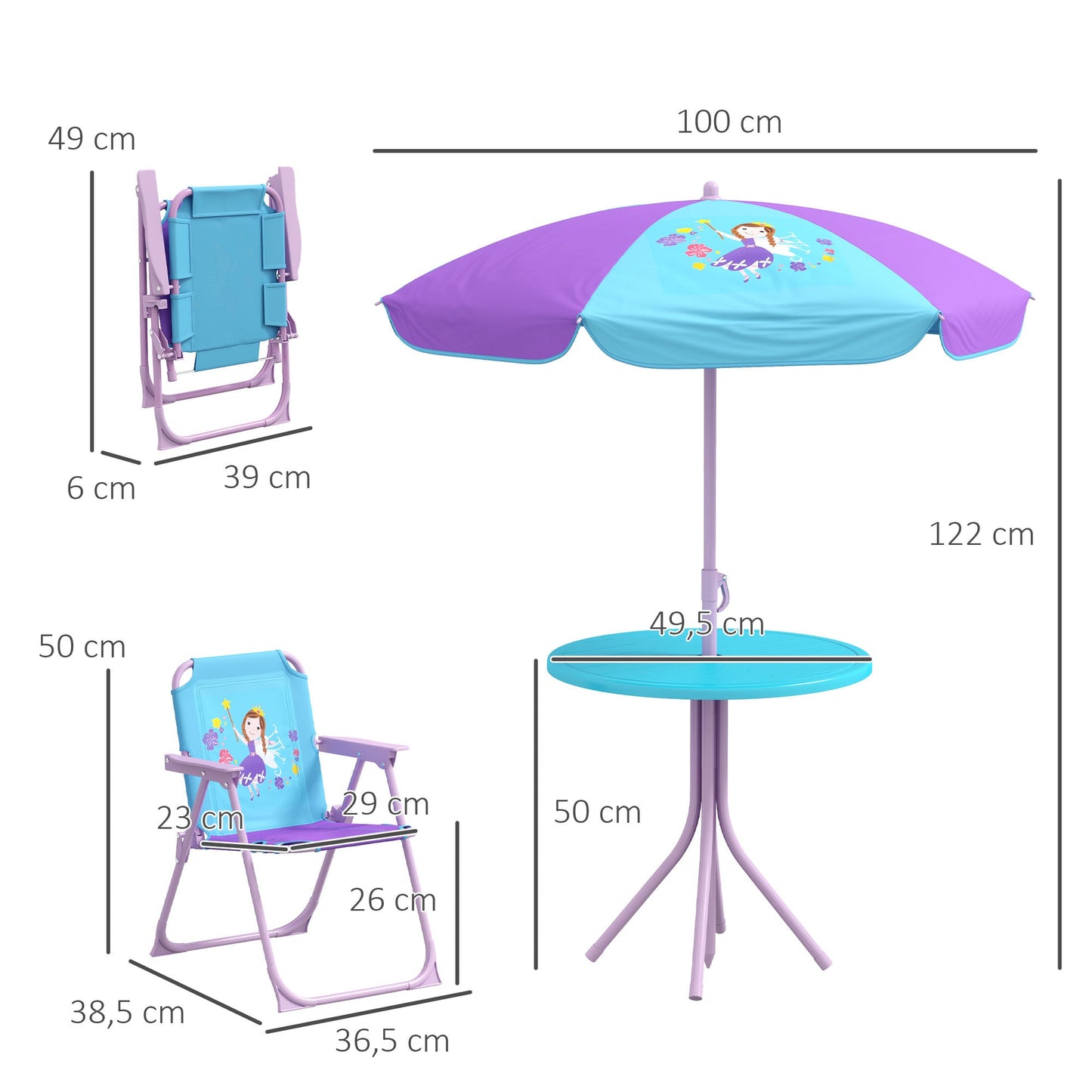 Outsunny Kids Picnic Table and Chair Set, Fairy Themed Outdoor Garden Furniture w/ Foldable Chairs, Adjustable Parasol