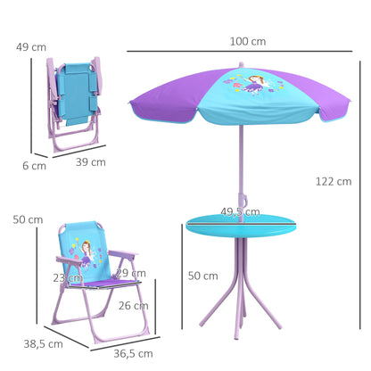 Outsunny Kids Picnic Table and Chair Set, Fairy Themed Outdoor Garden Furniture w/ Foldable Chairs, Adjustable Parasol