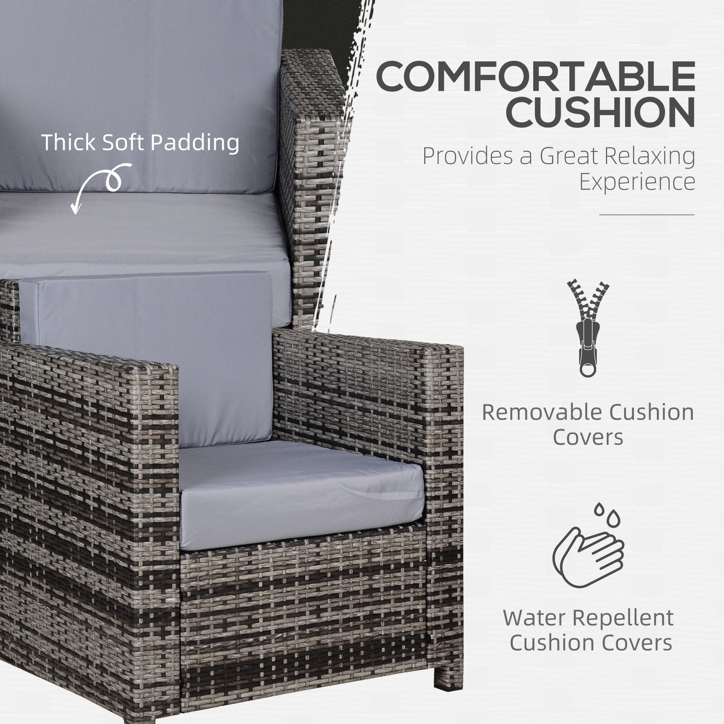 Outsunny Jednoosobowa sofa rattanowa z 10 cm grubą wyściełaną poduszką, fotel ogrodowy z plecionki PE, odporny na warunki atmosferyczne, z podłokietnikami, szary