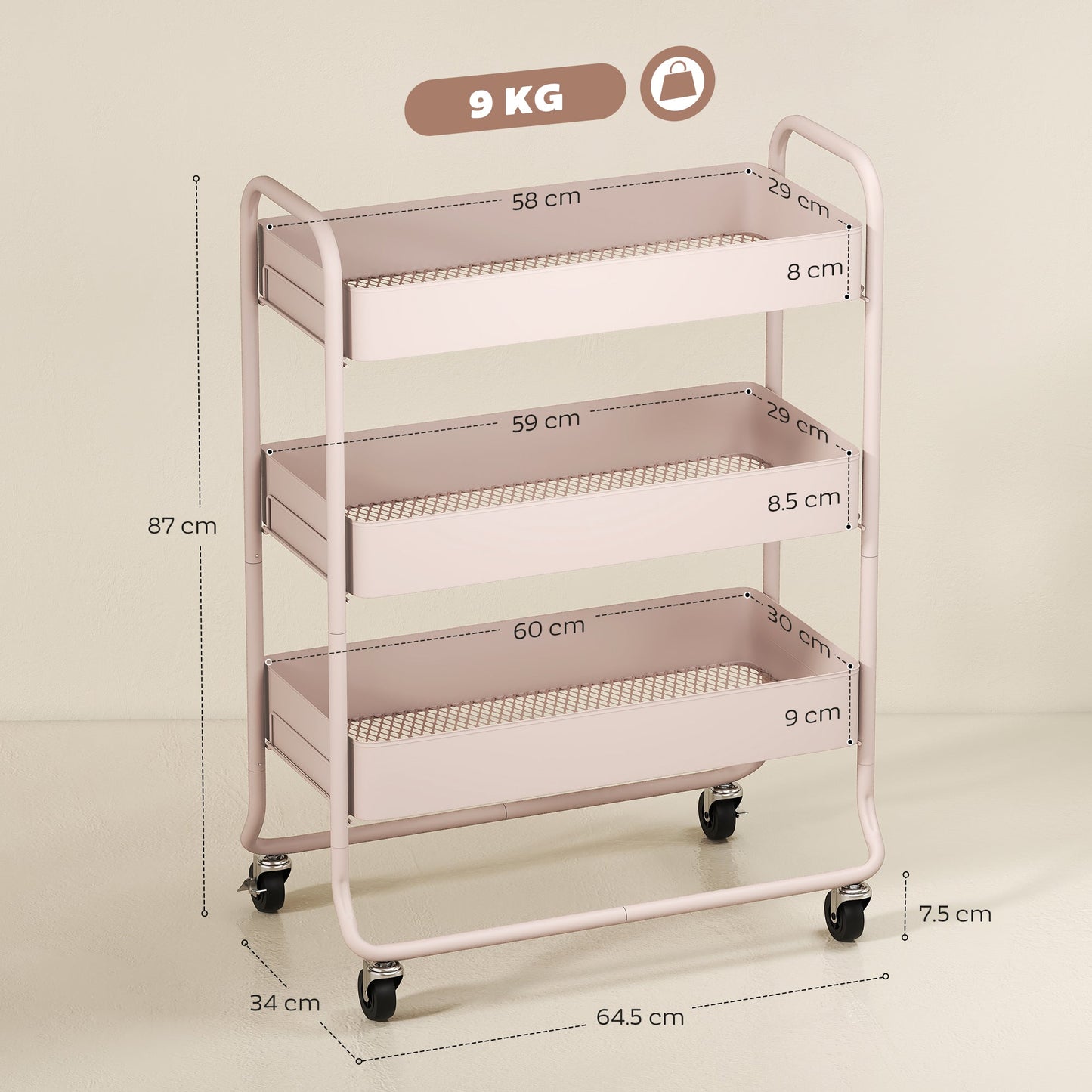 HOMCOM 3-Tier Storage Trolley on Wheels, Rolling Utility Cart with Mesh Backets for Kitchen, Bathroom, Bedroom, Light Pink