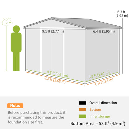 Outsunny 9 x 6ft Garden Metal Storage Shed, zewnętrzny domek narzędziowy z otworami wentylacyjnymi, fundamentem i zamykanymi podwójnymi drzwiami, brązowy
