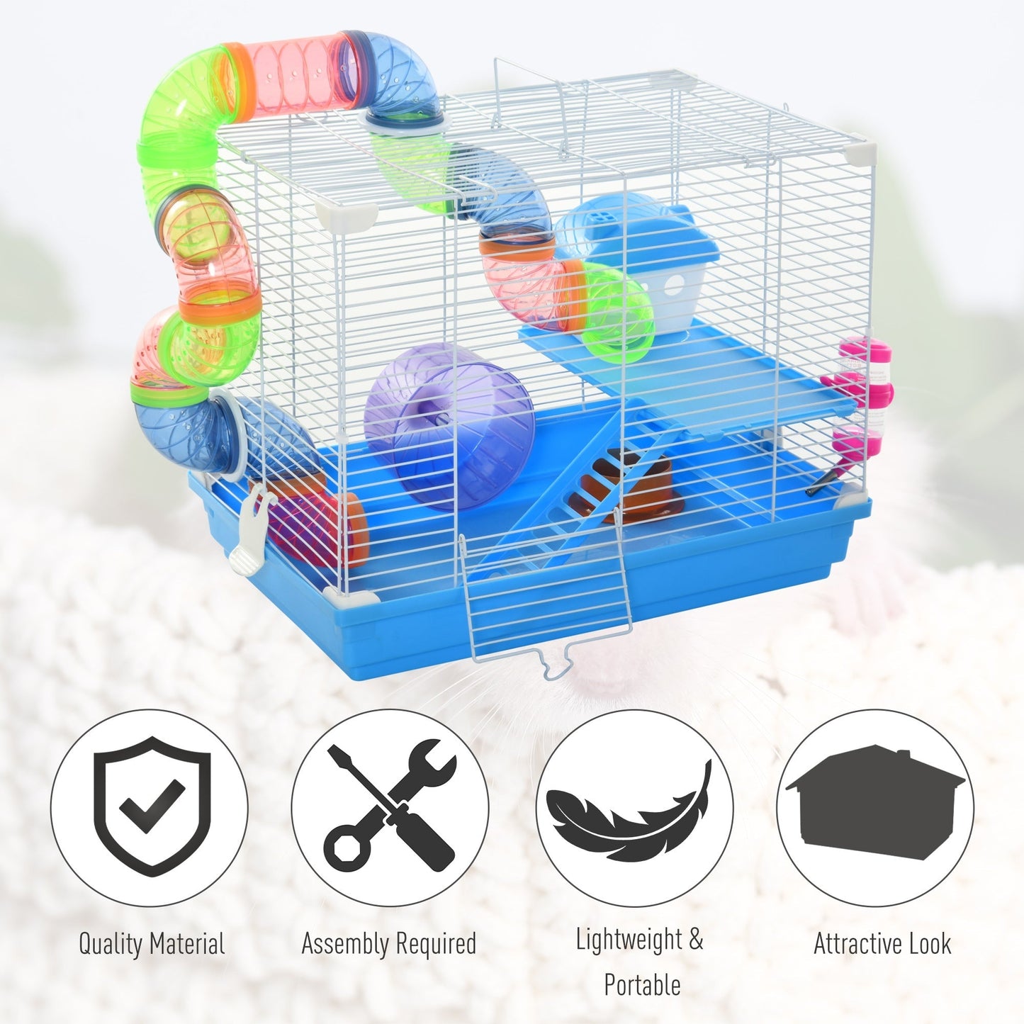 Pawhut 2 Tier Hamster Cage Carrier Habitat Small Animal House with Exercise Wheels Tunnel Tube Water Bottle Dishes House Ladder for Dwarf Mice, Blue