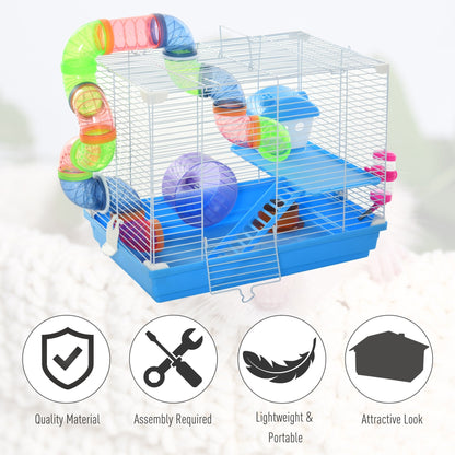 Pawhut 2 Tier Hamster Cage Carrier Habitat Small Animal House with Exercise Wheels Tunnel Tube Water Bottle Dishes House Ladder for Dwarf Mice, Blue