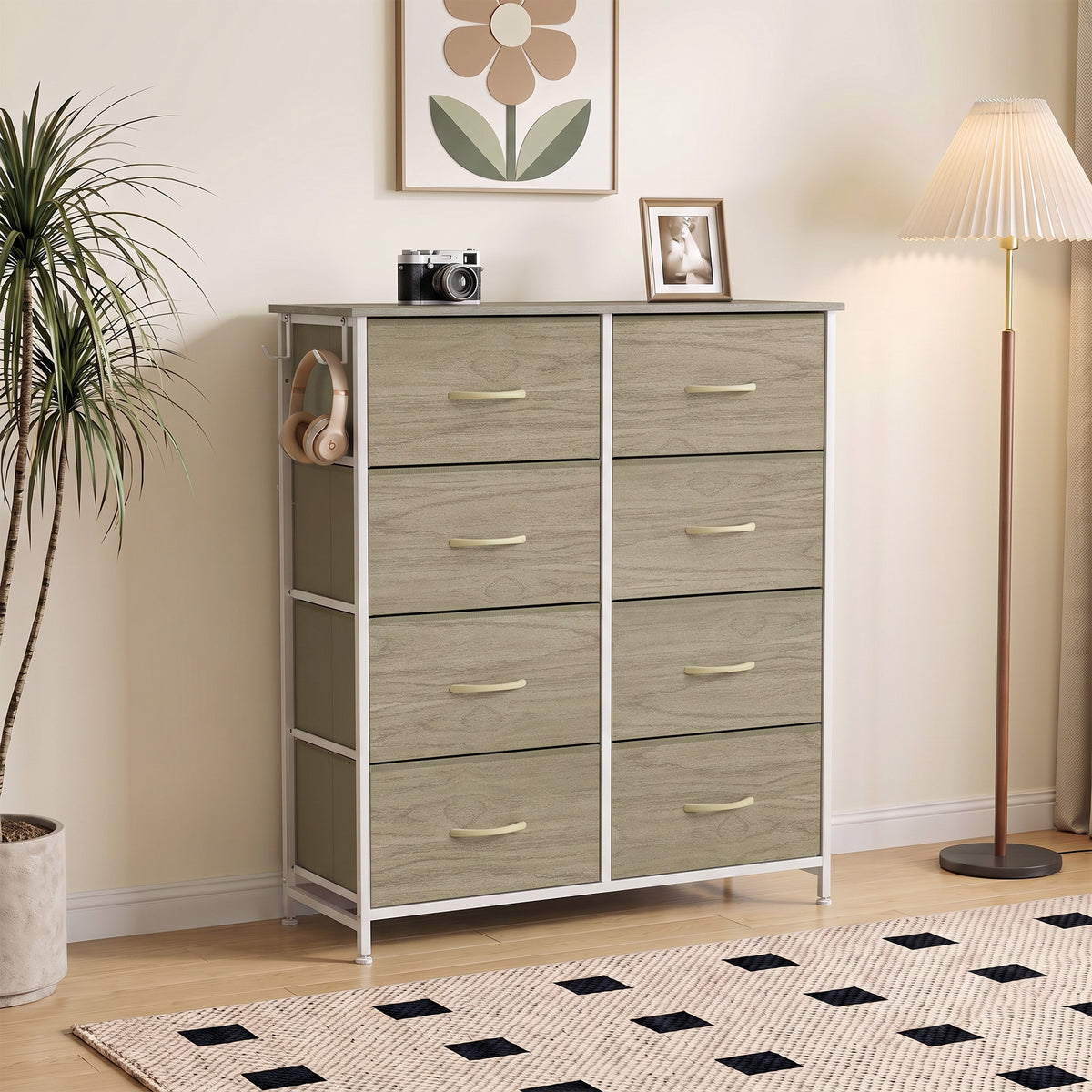 HOMCOM Chest of Drawers, Dresser for Bedroom with 8 Fabric Drawers, Tall Storage Unit w/ Side Storage Bag, Natural Wood Finish