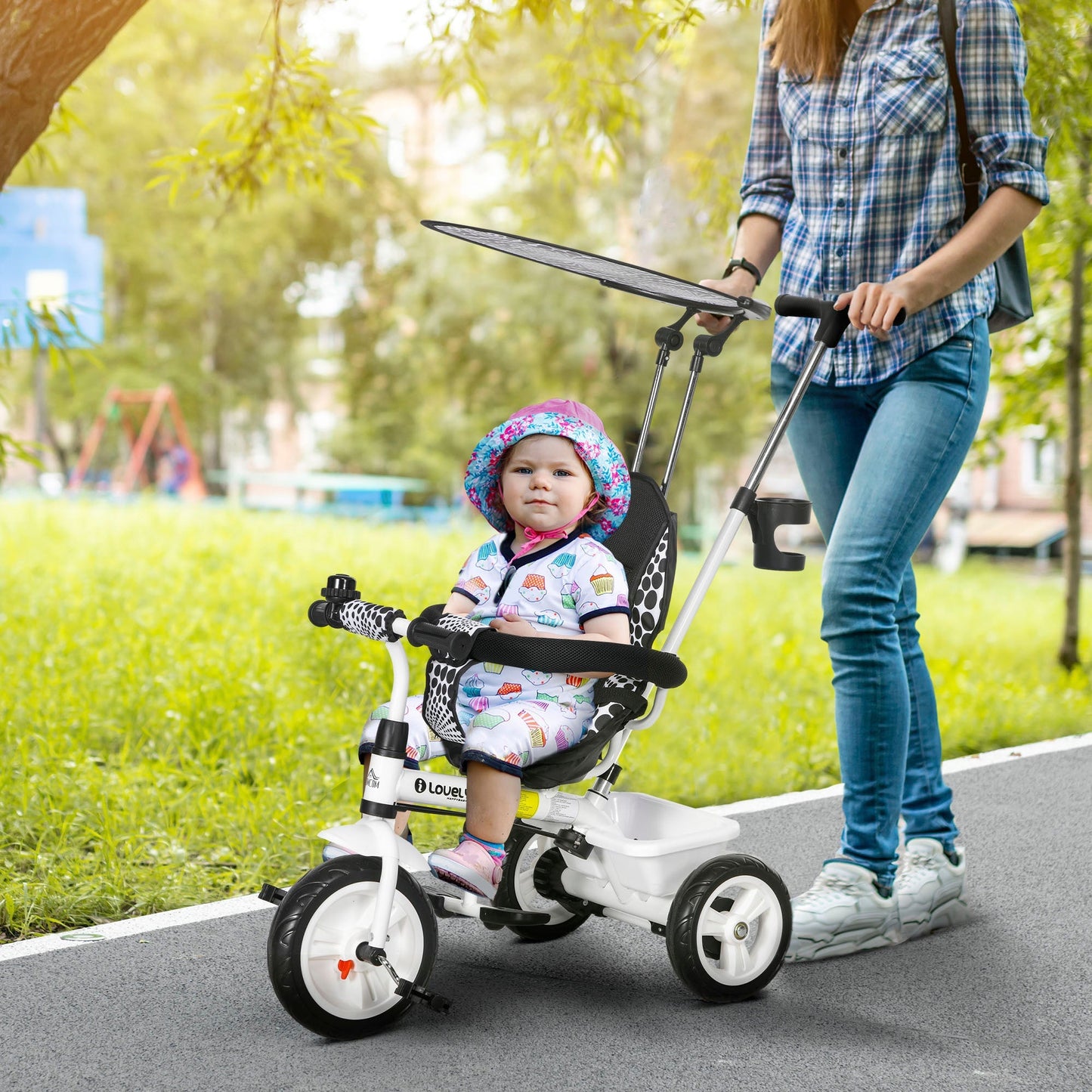 4 in 1 Tricycle for Kids with 5-point harness straps, Removable Canopy, White