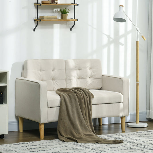HOMCOM Nowoczesna sofa dwuosobowa, kompaktowa sofa dwuosobowa ze schowkiem, 117 cm pikowana bawełniana kanapa z drewnianymi nogami, kremowo-biała