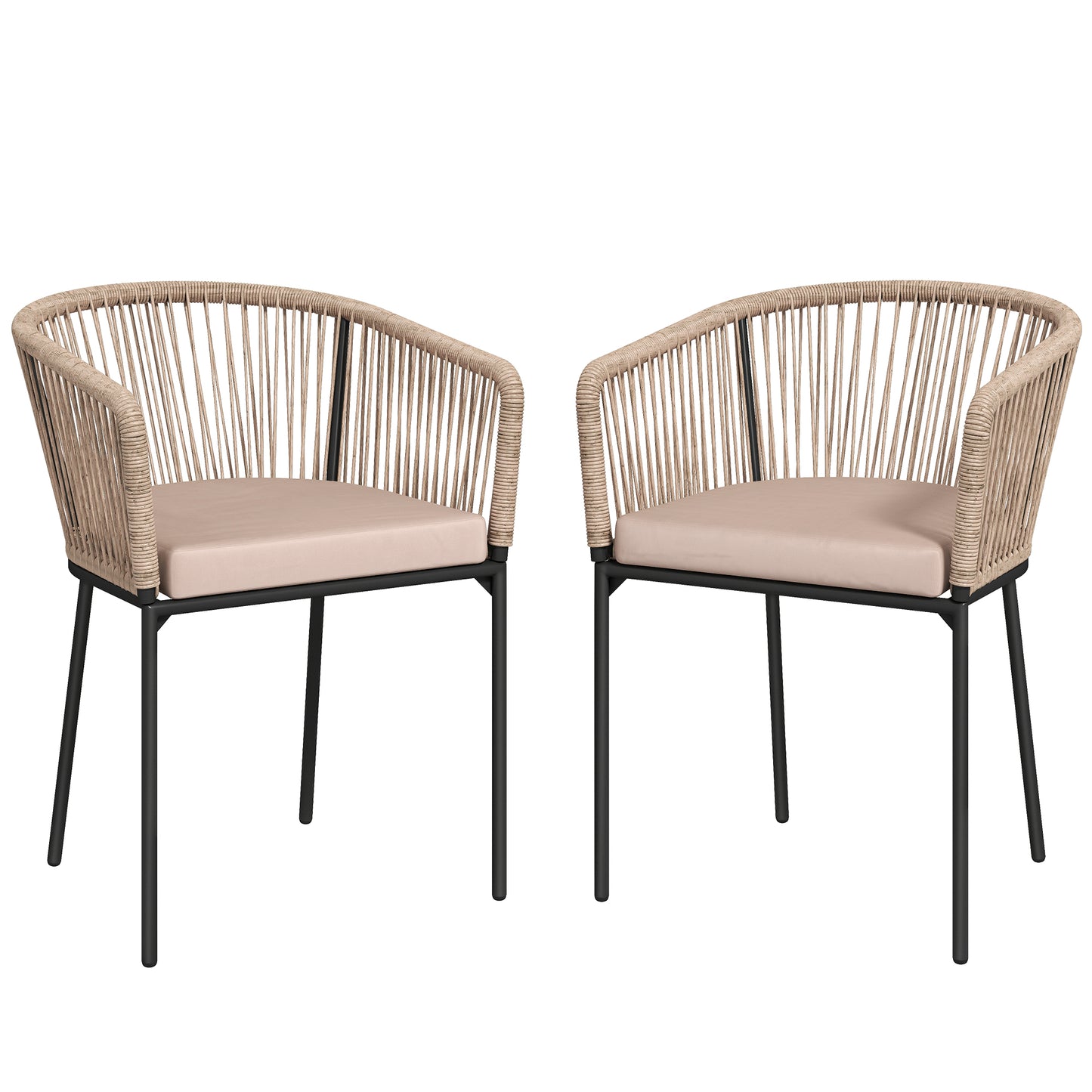 Outsunny Garden Chairs Set of 2, Rattan Garden Dining Chairs with String Back Armrests, Cushions, Natural Wood Finish