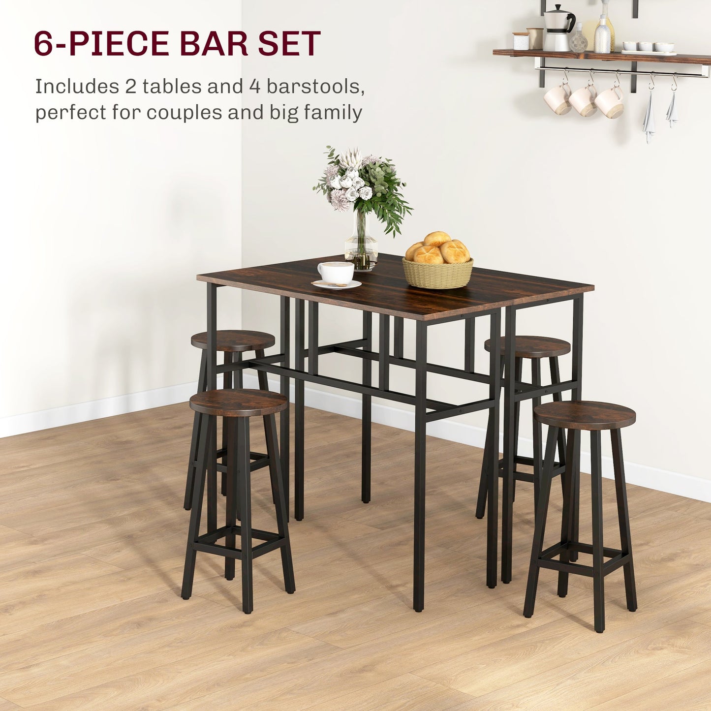 HOMCOM 6-Piece Bar Table Set, Counter Height Kitchen Dining Set with 2 High Tables & 4 Stools, Space Saving Compact Bar Furniture for Small Kitchens and Flats, Multiple Arrangements, Rustic Brown