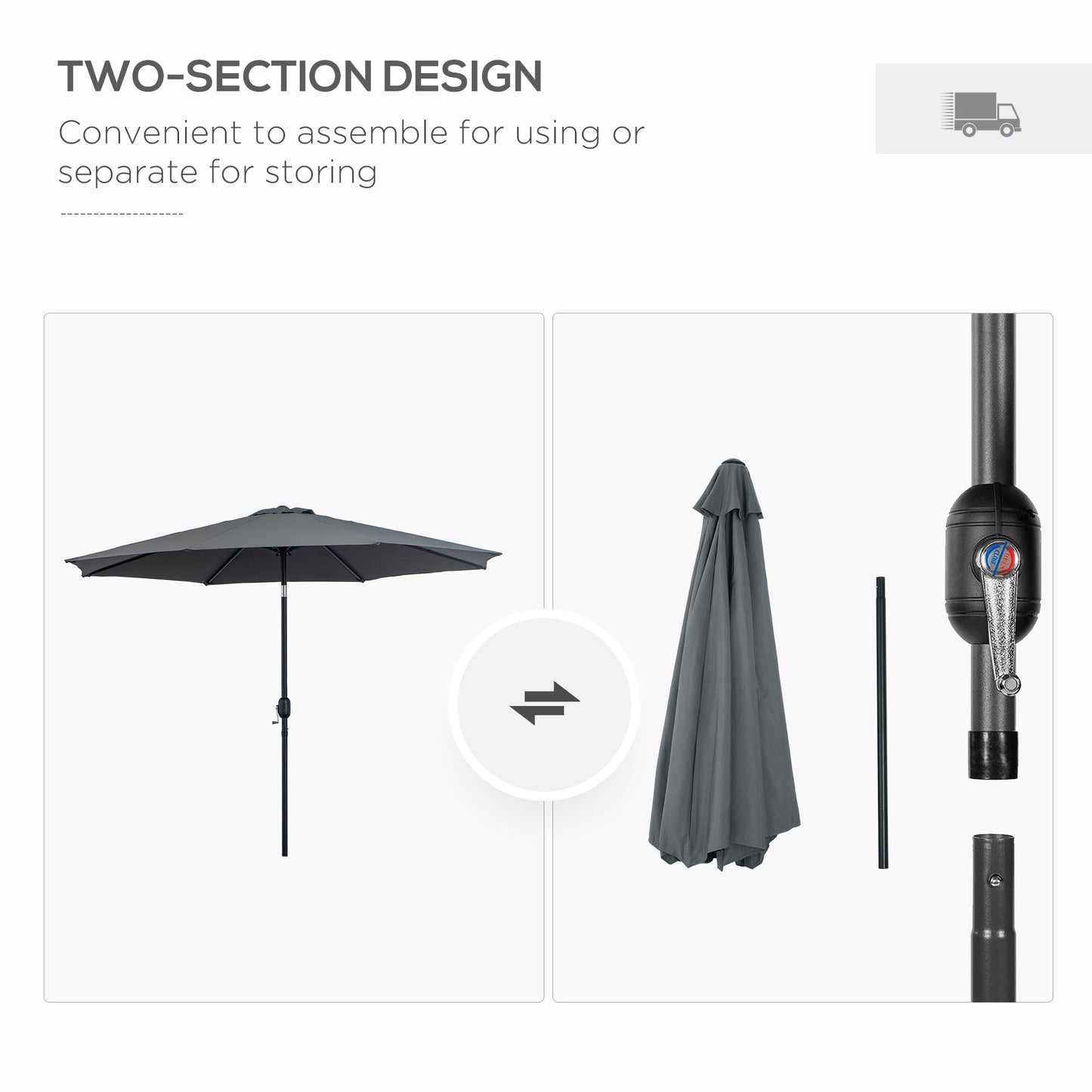 Outsunny 3(m) Tilting Parasol Garden Umbrellas, Outdoor Sun Shade with 8 Ribs, Tilt and Crank Handle for Balcony, Bench, Garden, Dark Grey