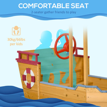 Outsunny Kids Wooden Sand Pit Children Sandbox Pirate Ship Sandboat Play Station for Outdoor w/ Canopy Shade Storage Bench Bottom Liner
