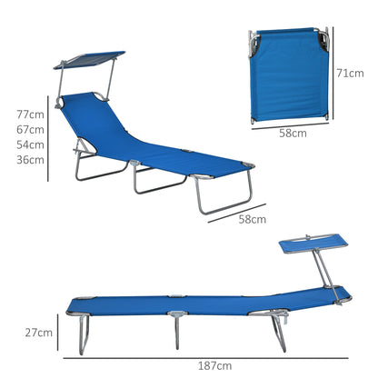 Outsunny Outdoor Foldable Sun Lounger Set of 2Reclining Chair With Angle Adjust Sun Shade Awning for Beach, Garden, Patio, Blue