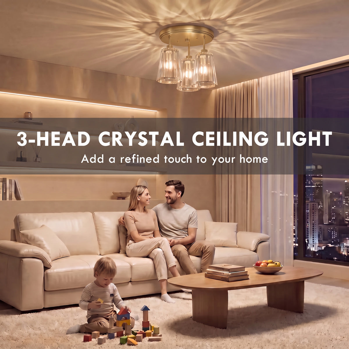 HOMCOM 3-Light Crystal Glass Ceiling Light, Triple Head with Dual Mounting, Modern Ceiling Lamp for Living Room, Gold Tone