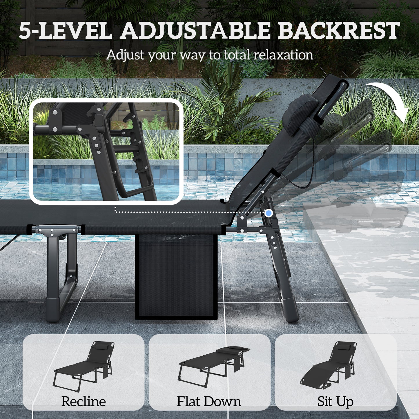 Outsunny Folding Sun Loungers for Garden Set of 2, 5-Position Oversized Camping Bed Recliner with Cushions, Dark Grey