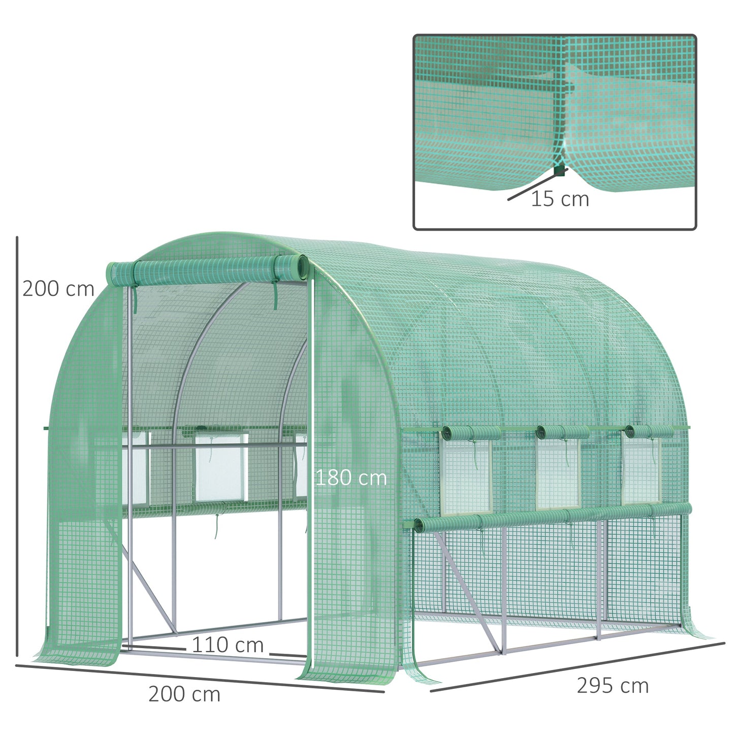 Tunel foliowy Outsunny Walk-in Szklarnia Szklarnia z rolowanymi ścianami bocznymi, osłona z polietylenu odporna na promieniowanie UV, 3 x 2 x 2 m, zielony
