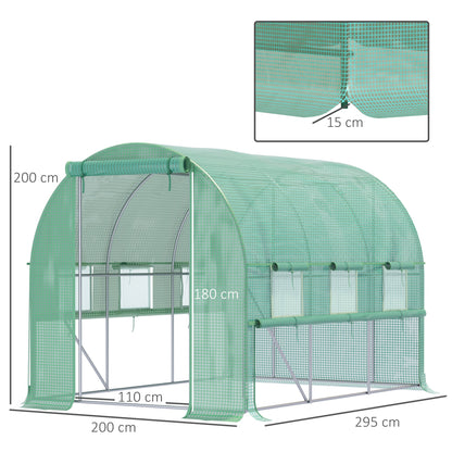 Tunel foliowy Outsunny Walk-in Szklarnia Szklarnia z rolowanymi ścianami bocznymi, osłona z polietylenu odporna na promieniowanie UV, 3 x 2 x 2 m, zielony