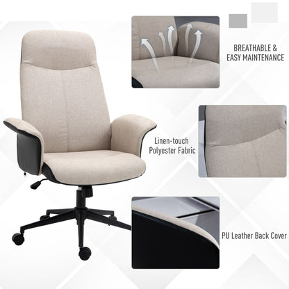 Vinsetto Office Chair, Linen Fabric Desk Chair, Comfortable Computer Chair with Adjustable Height, Padded Armrests and Swivel Wheels, Beige