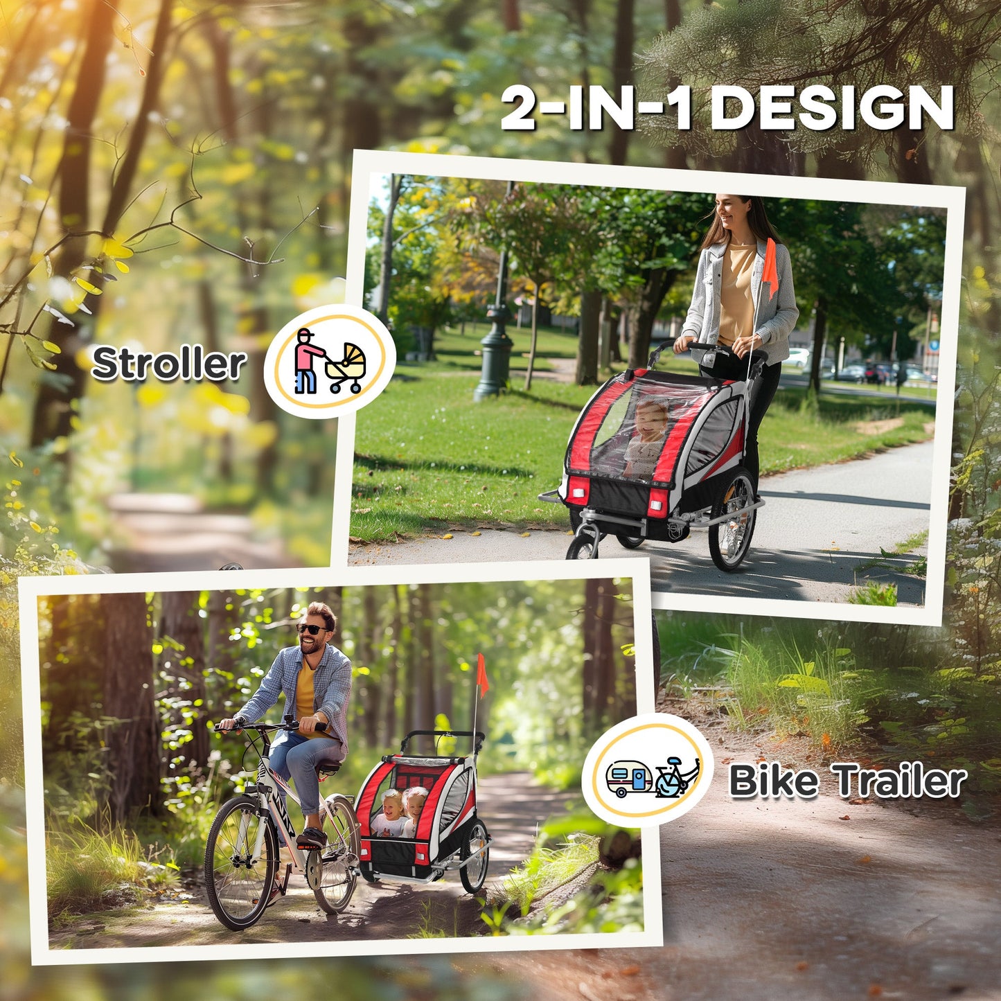 HOMCOM Child Bike Trailer Baby Bicycle Trailer 360¡ Rotatable for 2 Kids with Steel Frame LED Hitch Coupler Red