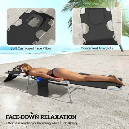 Outsunny 5-Position Adjustable Sun Loungers Set of 2 with Reading Hole and Side Pocket, Black