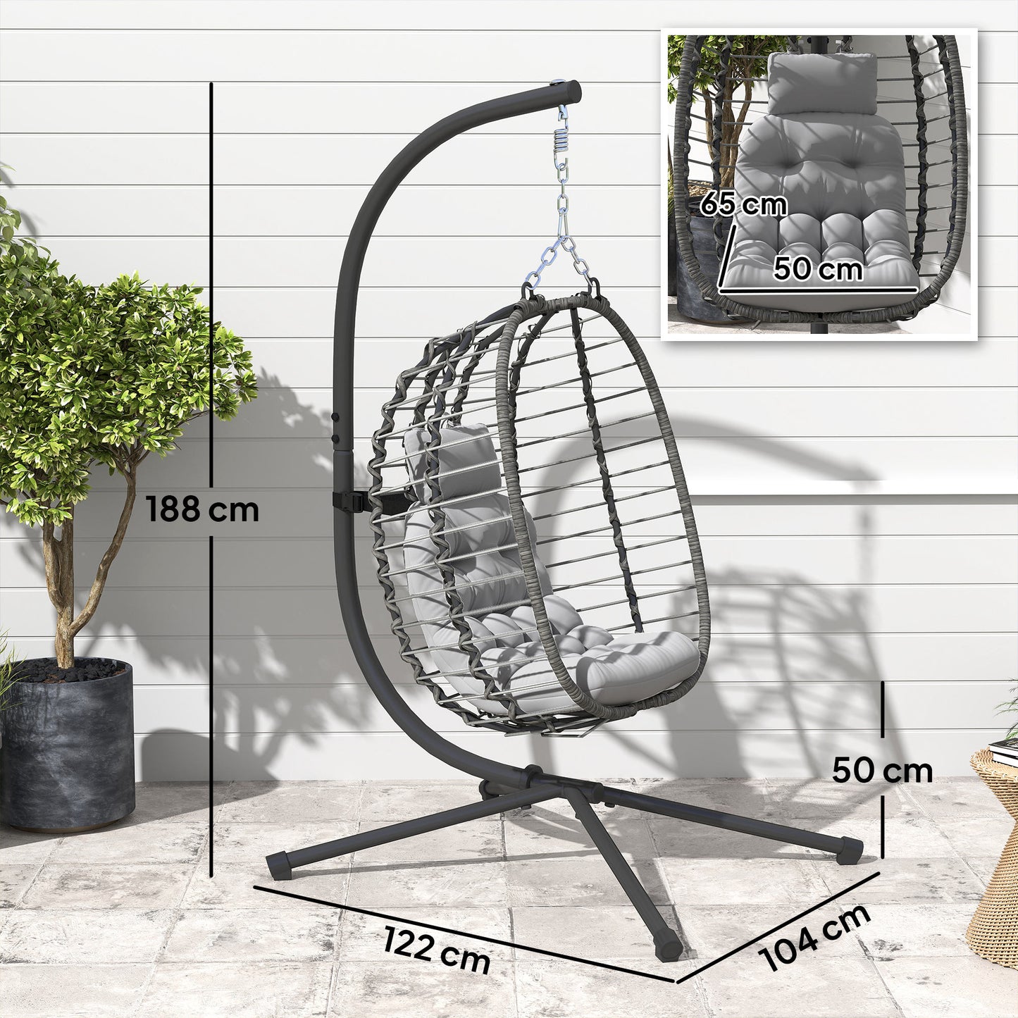 Outsunny Rattan Wiszący Fotel Jajko, Składany Wiklinowy Fotel Hamakowy z Poduszką, Stojak, Regulowana Wysokość, Poduszka Zagłówka, Stalowa Rama Do Ogrodu Patio Wewnątrz Na Zewnątrz, Jasnoszary