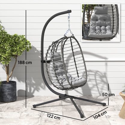 Outsunny Rattan Wiszący Fotel Jajko, Składany Wiklinowy Fotel Hamakowy z Poduszką, Stojak, Regulowana Wysokość, Poduszka Zagłówka, Stalowa Rama Do Ogrodu Patio Wewnątrz Na Zewnątrz, Jasnoszary