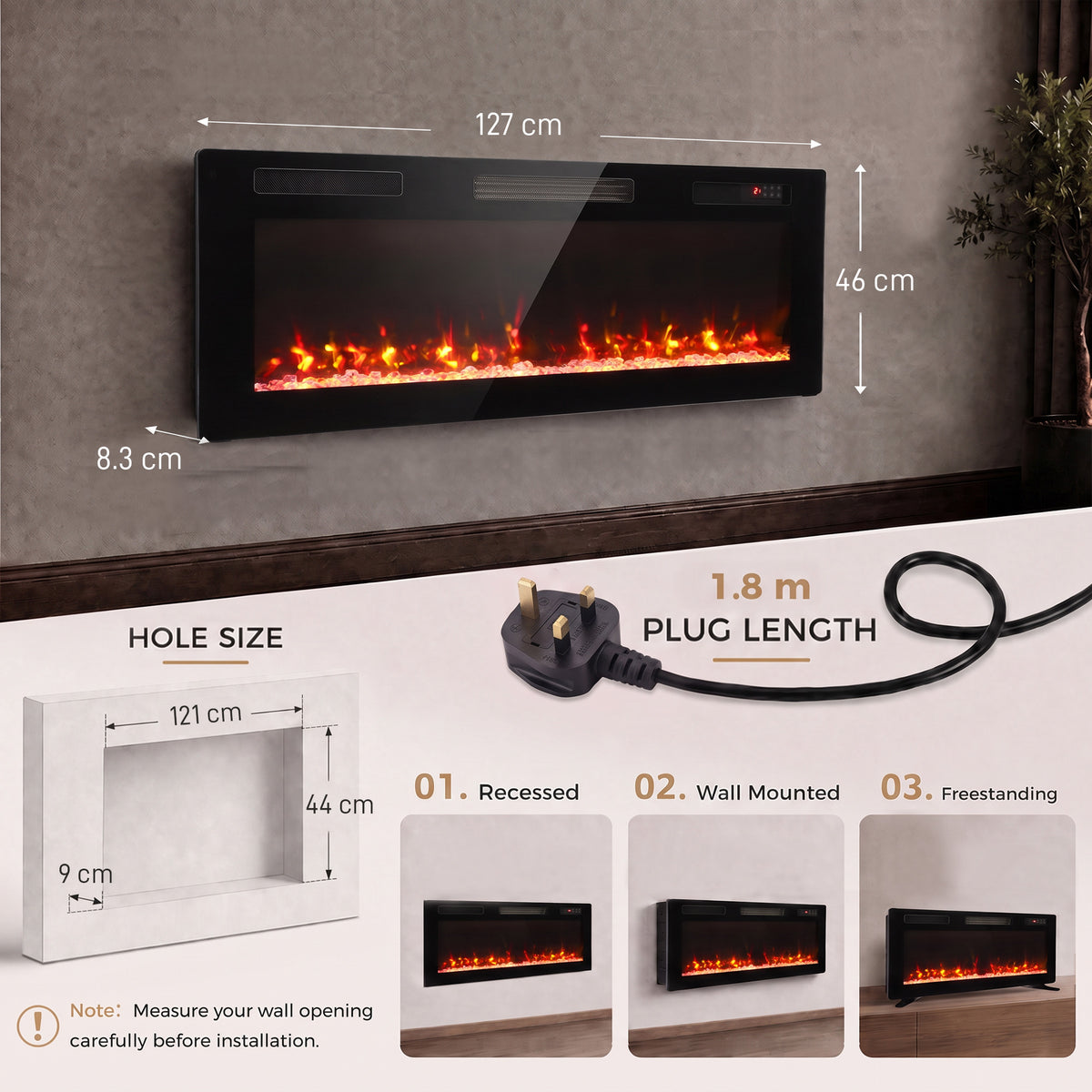 HOMCOM Ultra-Thin Electric Fire Wall Mounted/Recessed/Freestanding 127cm/50" Electric Fireplace with 12 Colours, 5 Brightness