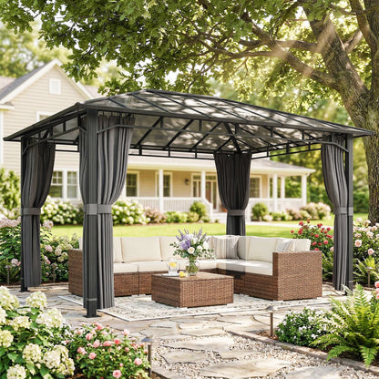 Outsunny 3 x 4 m Outdoor Hardtop Gazebo Canopy with PC Roof, Aluminium Permanent Pavilion Garden Gazebo with Curtains, Dark Grey