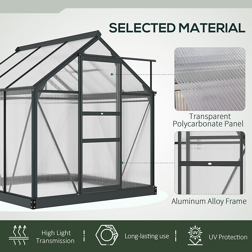 Outsunny 6 x 6ft Polycarbonate Greenhouse, Large Walk-In Green House with Slide Door and Window, Garden Plants Grow House with Aluminium Frame and Foundation, Grey