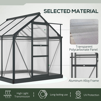 Outsunny 6 x 6ft Polycarbonate Greenhouse, Large Walk-In Green House with Slide Door and Window, Garden Plants Grow House with Aluminium Frame and Foundation, Grey