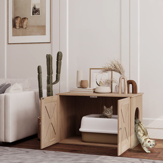 PawHut Cat Litter Box Enclosure z podwójnymi drzwiami i bocznym wejściem, antypoślizgowe podkładki do salonu, orzechowy brąz