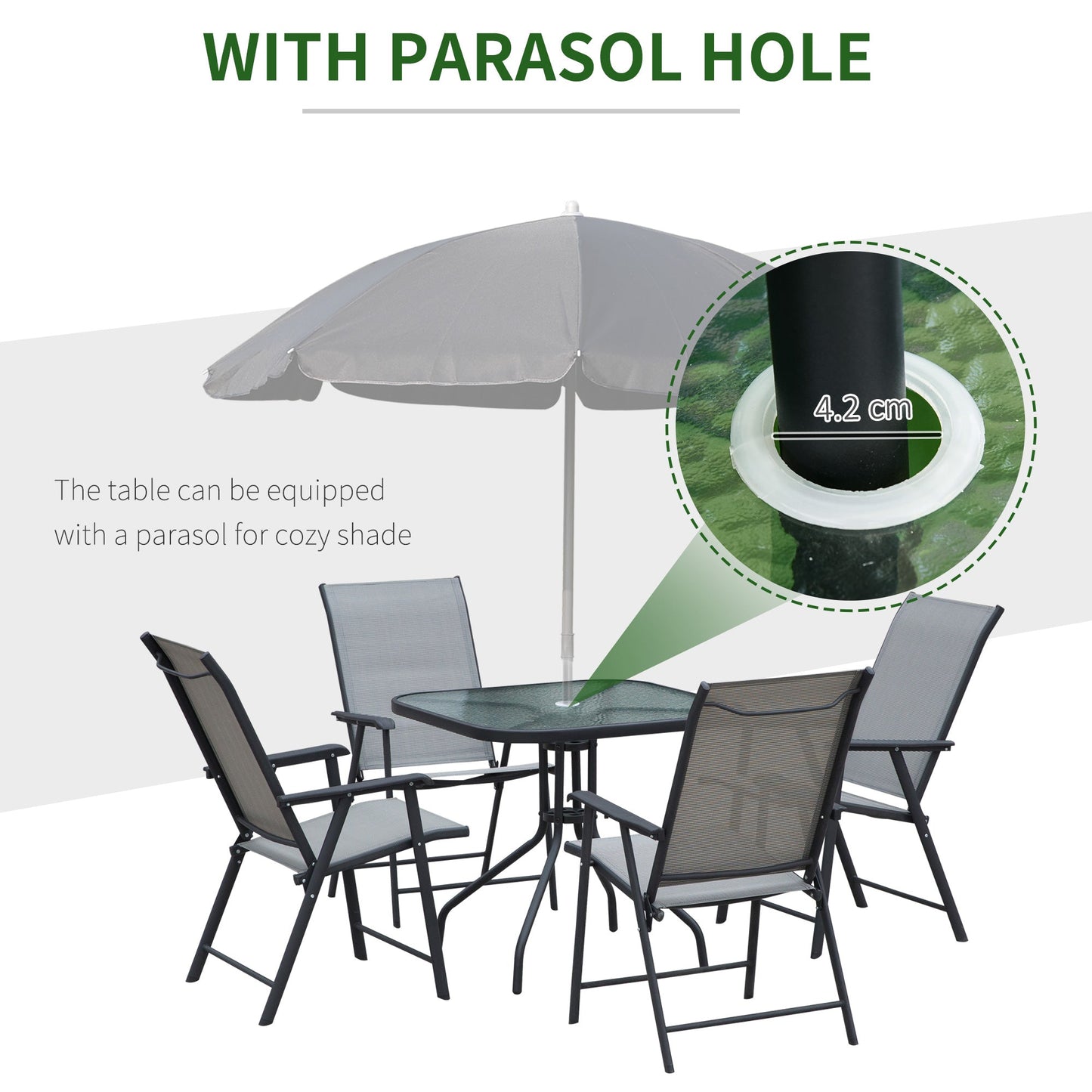 Outsunny 5 Piece Classic Outdoor Dining Set Steel Frames w/ 4 Folding Chairs Glass Top Table Texteline Seats Parasol Hole Garden Dining Black Grey