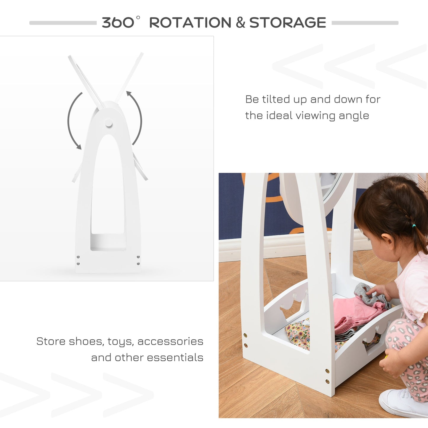 HOMCOM Free Standing Full Length Mirror, Child's Dressing Mirror with storage shelf, Children's White Bedroom Furniture 360¡ Rotation MDF, For 3- 8 Years Old, 40L x 30W x 104H cm