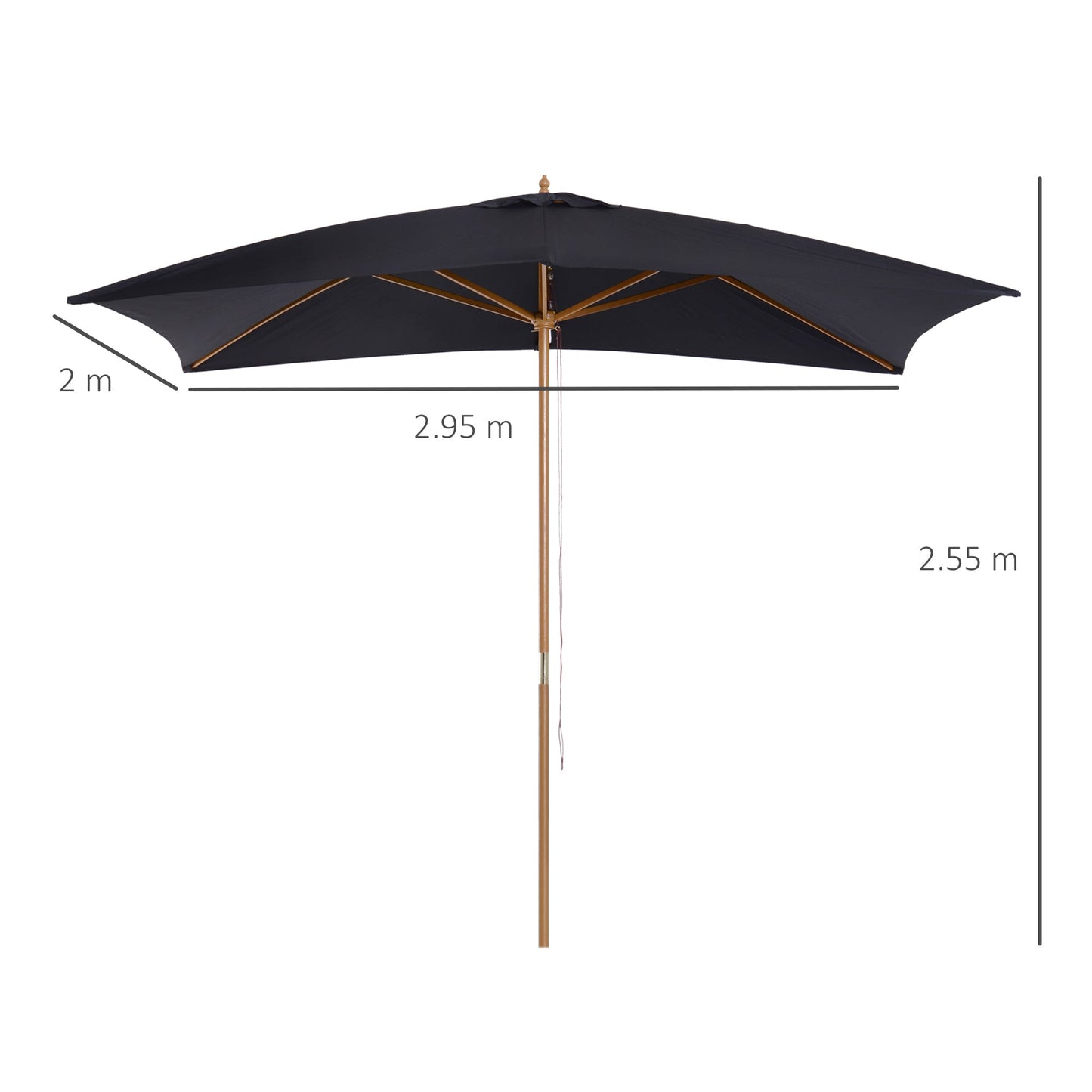 Outsunny 2 x 3m Wooden Garden Parasol Umbrella Outdoor Sun Shade Canopy, Black