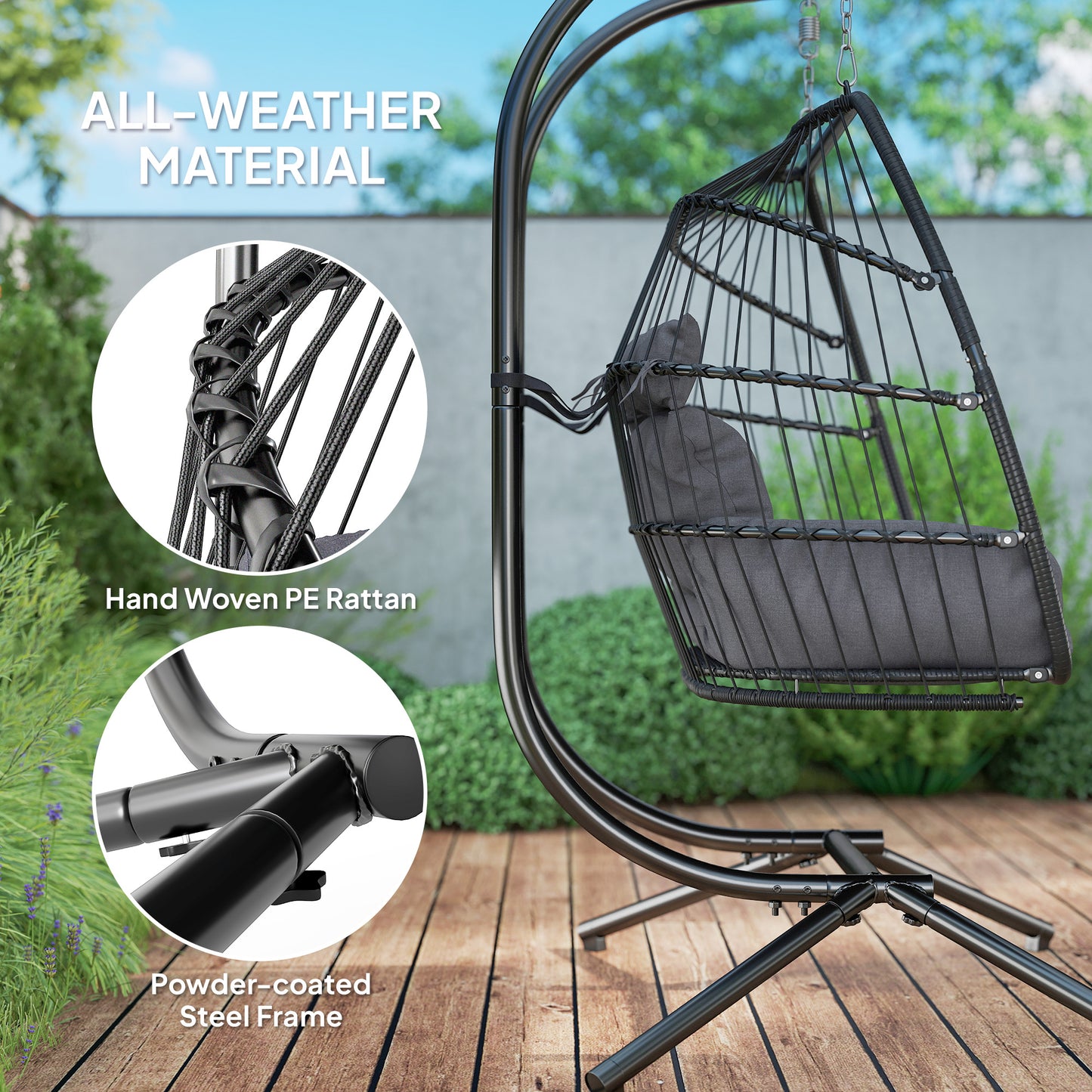 Outsunny Rattan Double Hanging Egg Chair ze stojakiem, składany wiklinowy fotel w kształcie jajka z poduszką, poduszki pod głowę, stalowa rama, fotel hamakowy do wewnątrz i na zewnątrz, nośność 260 kg, ciemnoszary