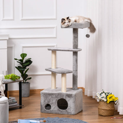 PawHut 125cm Cat Tree for Indoor Cats Kitten Tower 4 level Activity Center Pet Furniture Sisal Scratching Post Condo Plush Perches Hanging Ball Grey