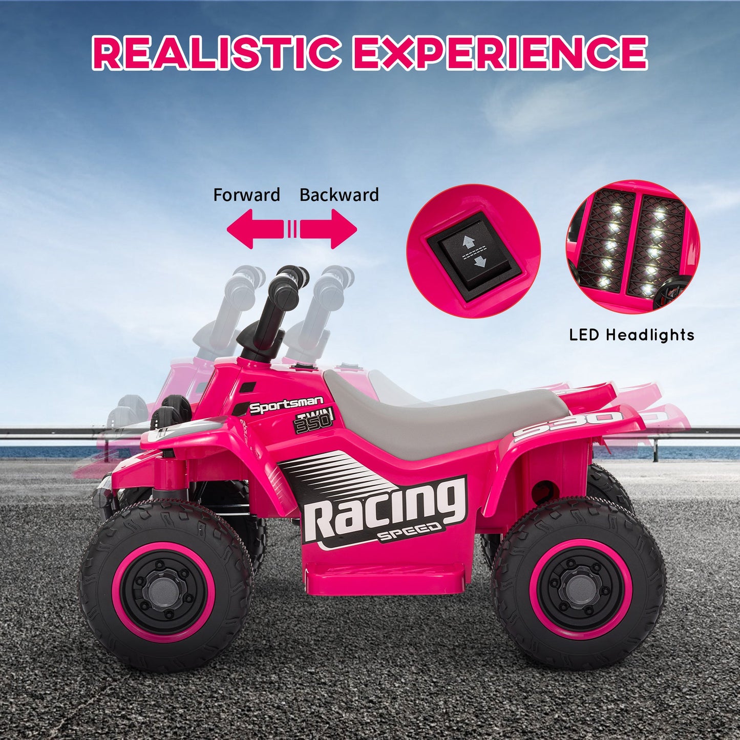 AIYAPLAY 6V Elektryczny Quad dla Dzieci, Jeździk ATV z Przodu Do Tyłu, Reflektory, dla 18-36 Miesięcy, Różowy