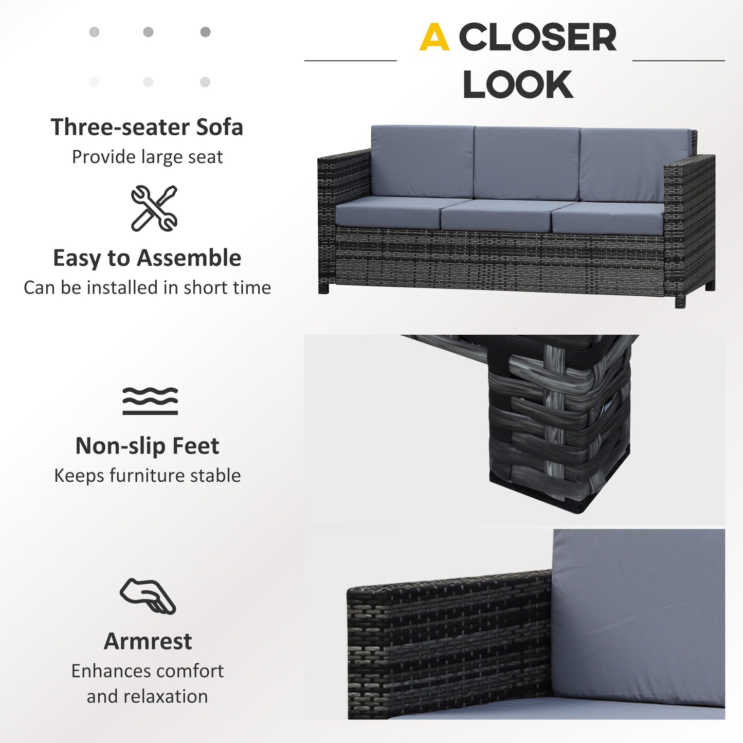 Outsunny 3-osobowa sofa ogrodowa All Weather, sofa ogrodowa rattanowa z poduszkami i ramą Mental, szara