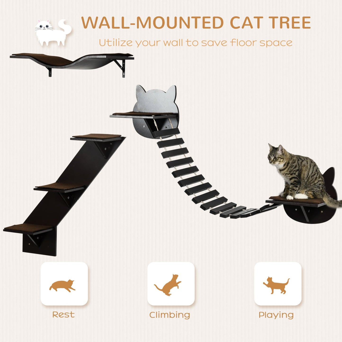 PawHut Three-Piece Wall-Mounted Cat Shelves w/ Jumping Platforms, Ladders - Brown