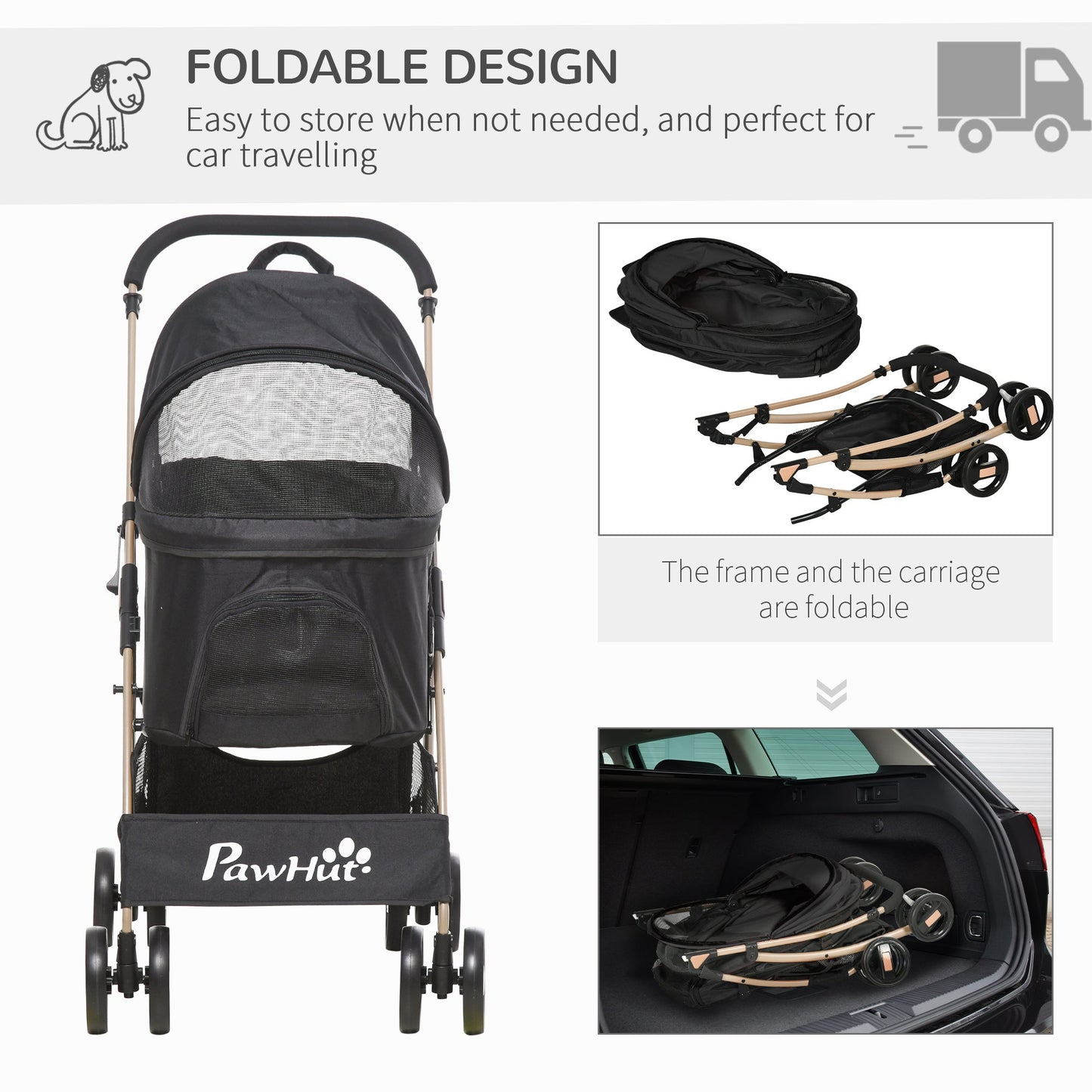 PawHut Detachable Pet Stroller with Rain Cover, 3 In 1 Cat Dog Pushchair, Foldable Carrying Bag w/ Universal Wheels, Brake, Canopy, Basket, Storage Bag for Small and Tiny Dogs - Black