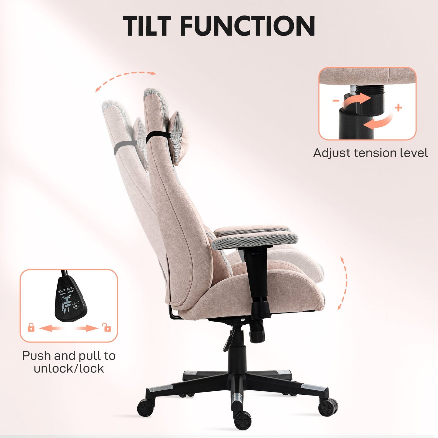 HOMCOM Fabric Gaming Chair with Lumbar Support, Headrest - Pale Pink
