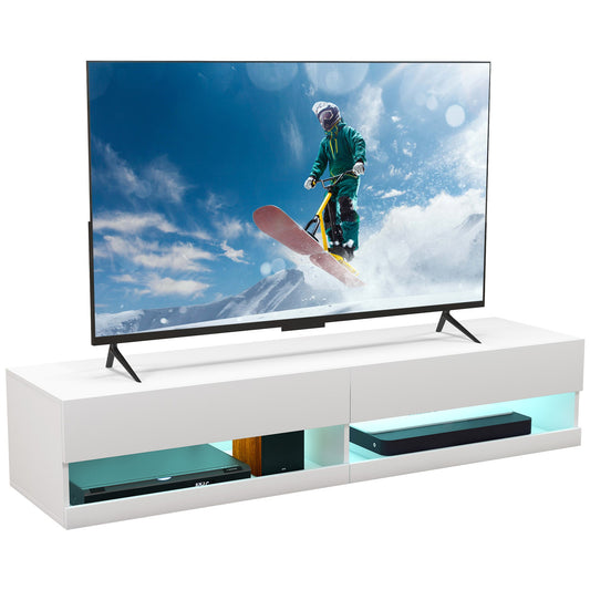 HOMCOM Wisząca szafka pod telewizor, montowana na ścianie szafka pod telewizor do 65", wysoki połysk, szafka ścienna pod telewizor z oświetleniem LED, półki do przechowywania w salonie i pokoju rozrywkowym, biała