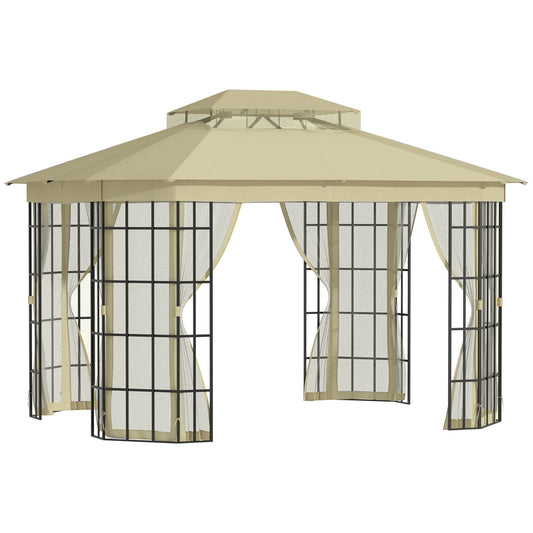 Outsunny 3,7 x 3(m) Patio Altana Baldachim Namiot ogrodowy z 2-poziomowym dachem i moskitierą, metalowa rama, beżowy