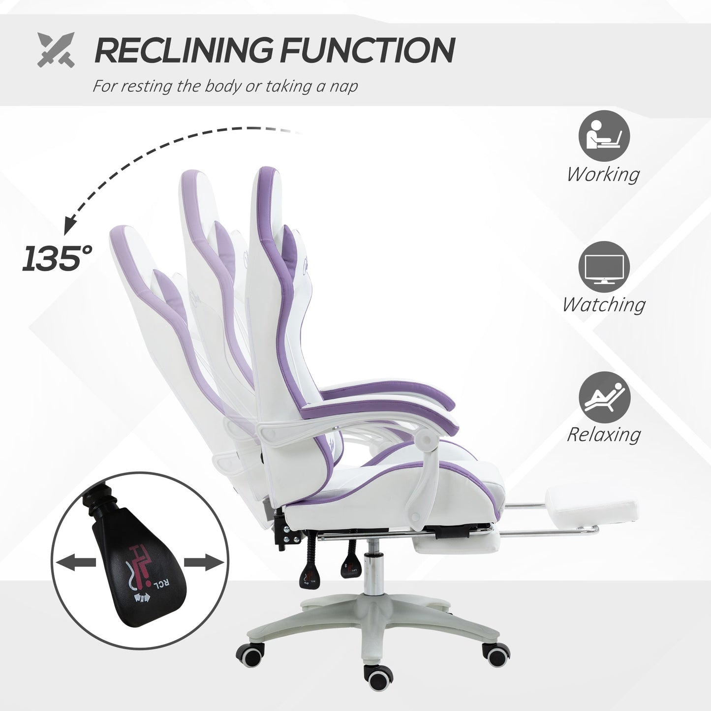 Vinsetto Computer Gaming Chair, PU Leather Office Desk Chair with Footrest, Swivel Wheels, 135 Reclining Back, Lumbar Support, Headrest for Home, White and Purple