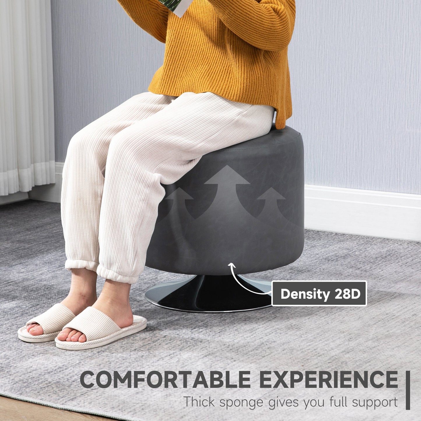 HOMCOM 360¡ Swivel Foot Stool Round PU Ottoman with Thick Sponge Padding and Solid Steel Base, Grey
