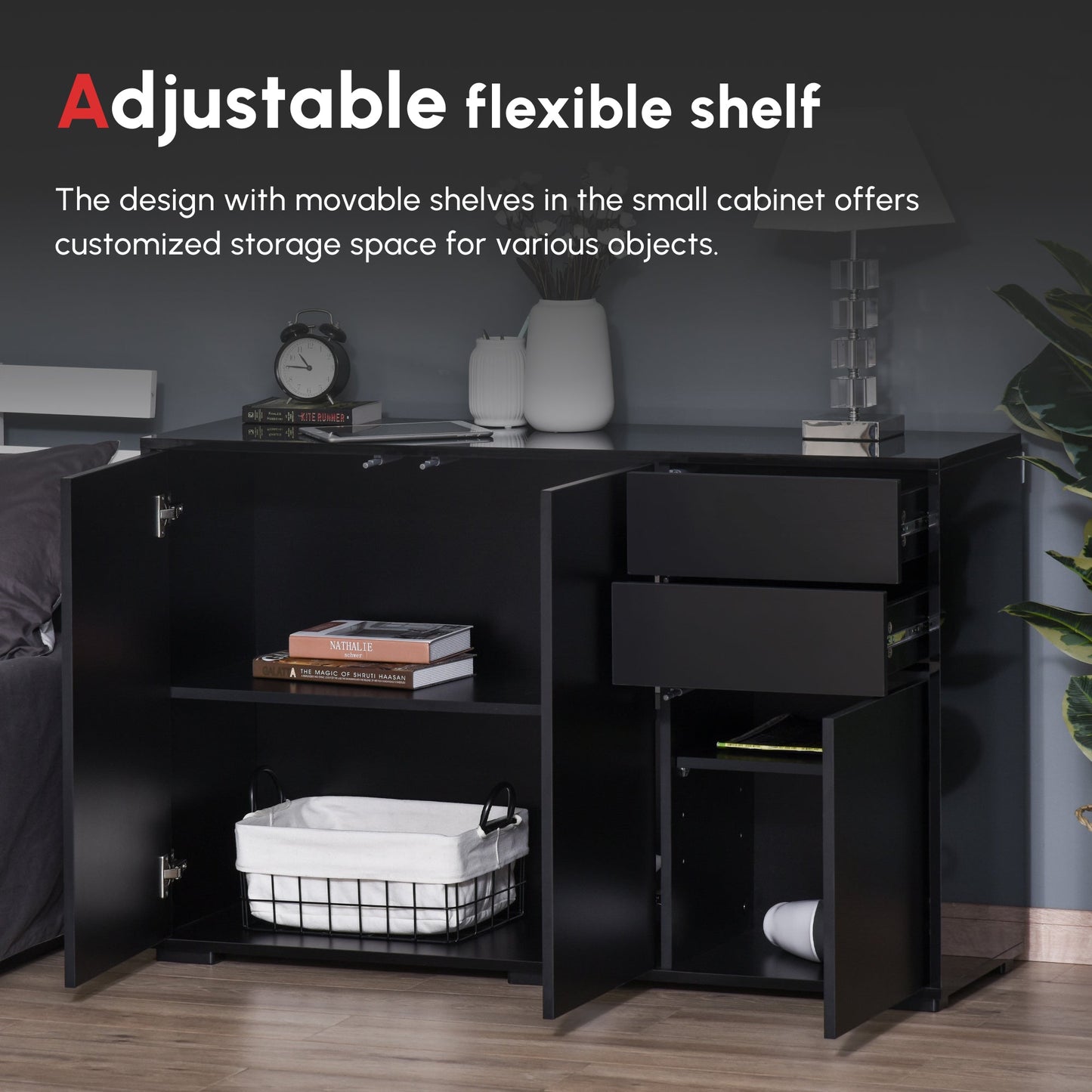 HOMCOM High Gloss Side Cabinet, Push-Open Design with 2 Drawers and 2 Cabinets for Living Room, 74H x 117W x 36Dcm, Black