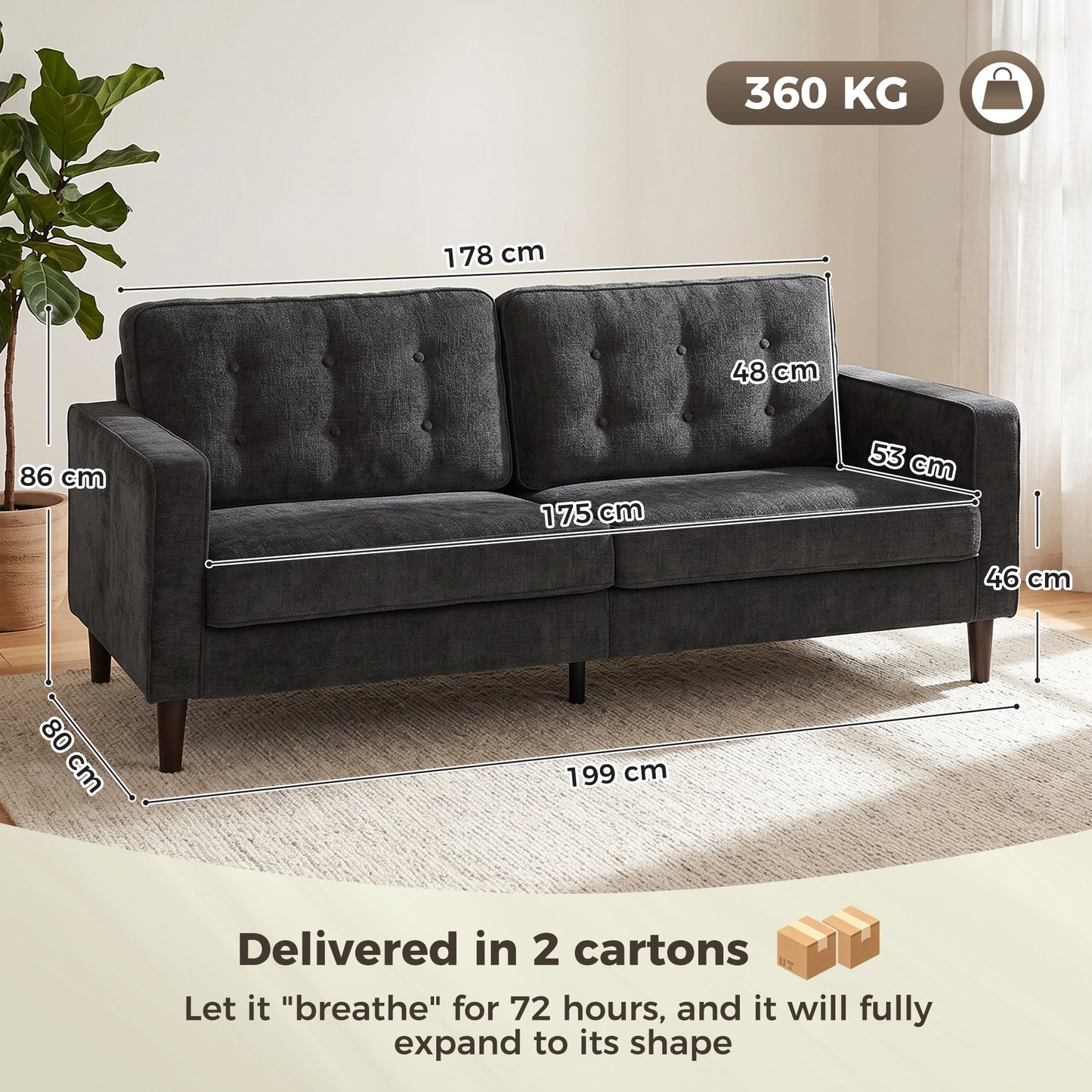 HOMCOM 3 Seater Sofa Button Tufted Upholstered Velvet Couch with Wood Legs for Living Room, Dark Grey