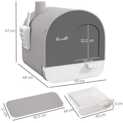 PawHut Hooded Cat Litter Box, Kitten Litter Tray, with Lid, Scoop, Filter, Flap Door, Light Grey