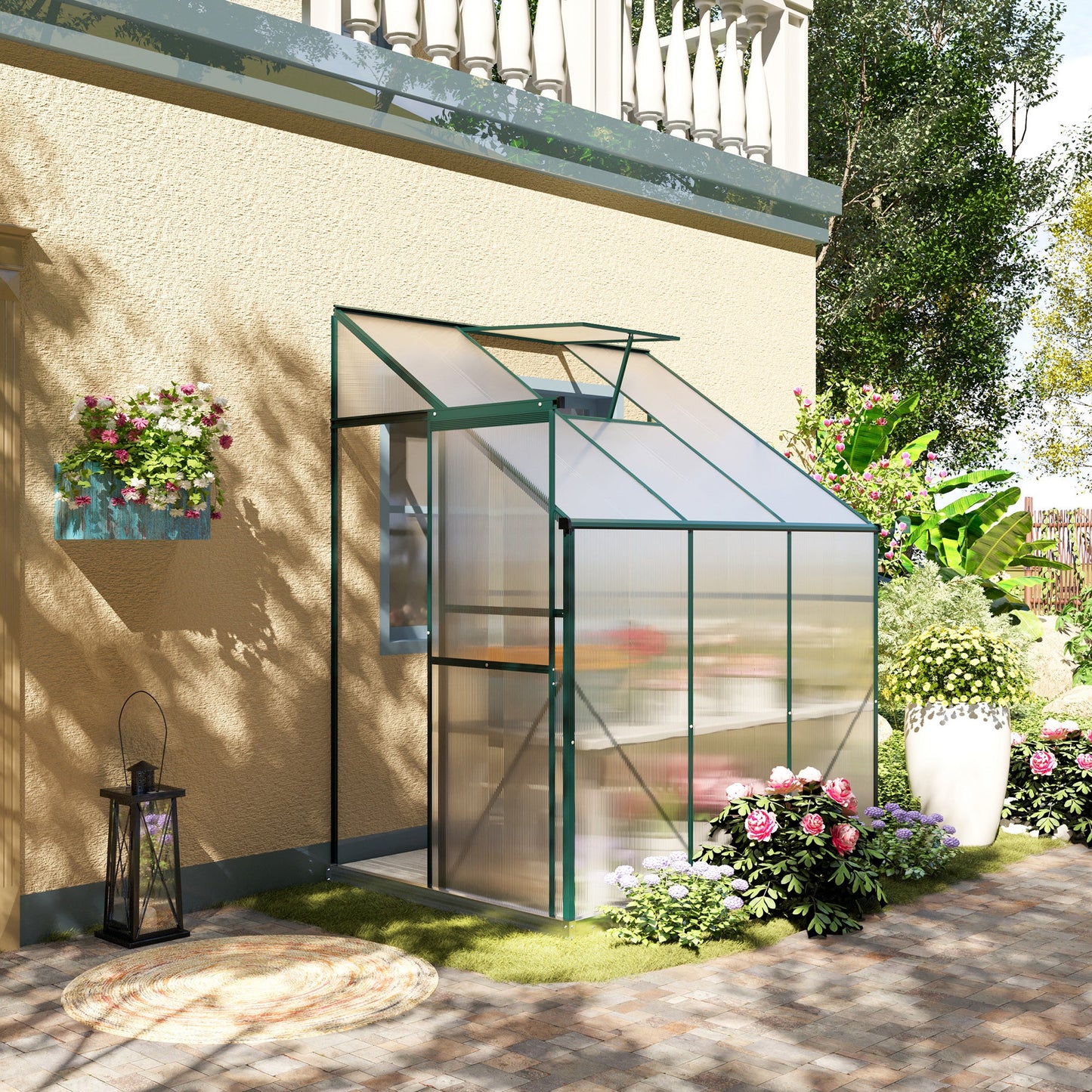 Outsunny 6 X 4ft Walk-In Lean to Greenhouse Garden Heavy Duty Aluminium Polycarbonate with Roof Vent for Plants Herbs Vegetables, Green