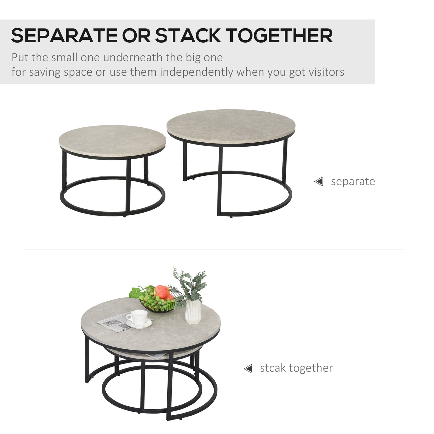 2 Piece Stacking Coffee Table Set w/ Steel Frame Marble-Effect Top Foot Pads Nest of Tables Storage Display Black/Grey