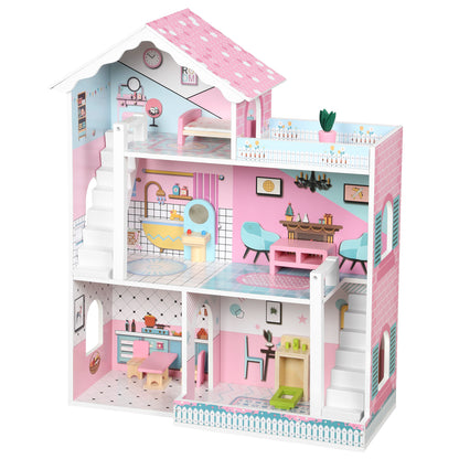 AIYAPLAY Wooden Dolls House, Large 3-Storey Modern Dollhouse with 10 Accessories, Pretend Play Toy Gift for Ages 3-6 Years, Pink